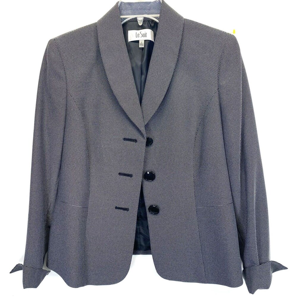 Le Suit Blazer Jacket Size 8 Black/White Geometric Pattern 3 Button RN54050